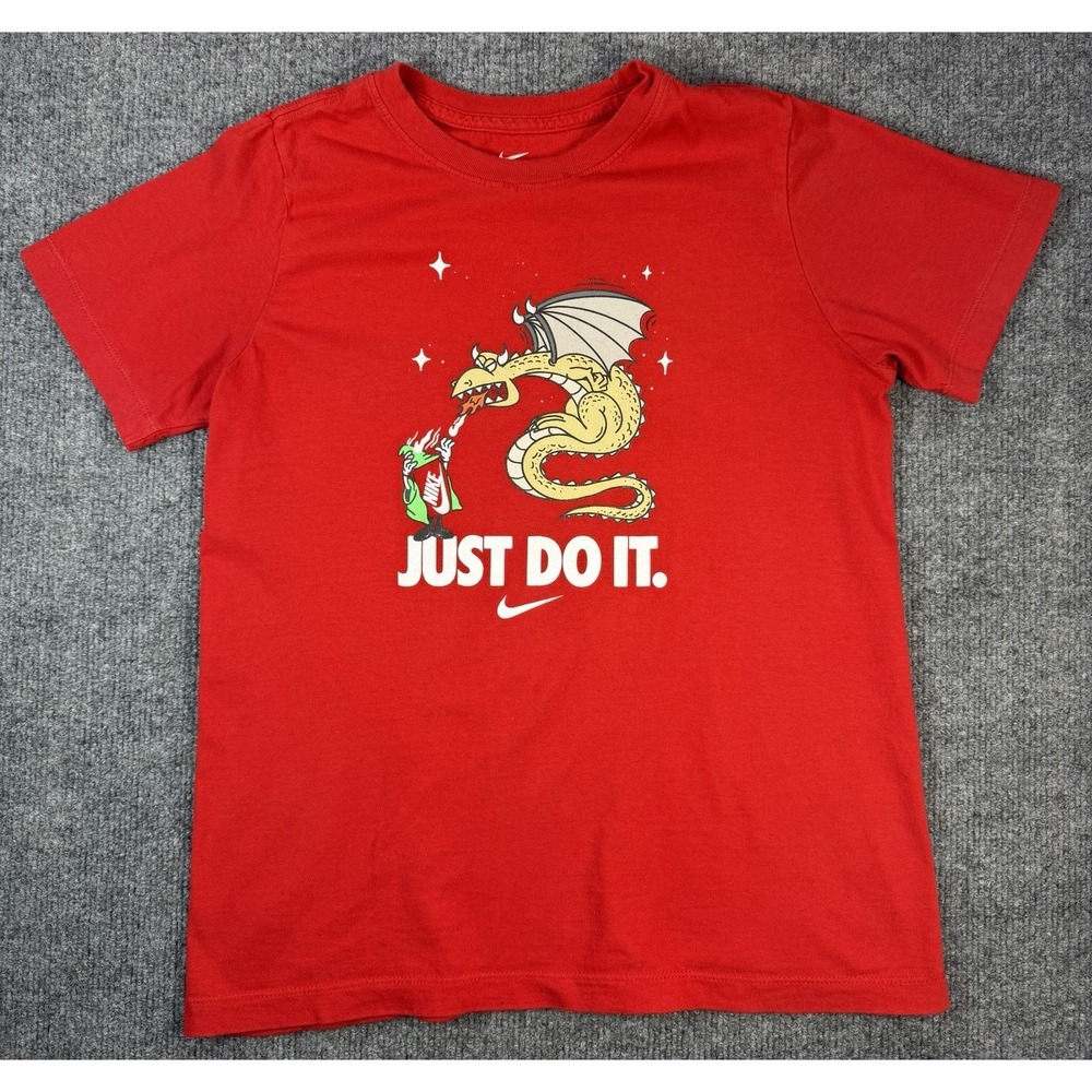 Nike Sportswear Boys Large Youth T Shirt Red Box Wizard & Dragon Glitter Logo‎